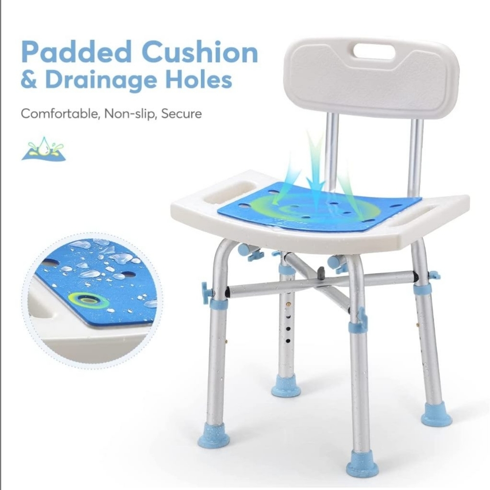 NIB Adjustable Shower Chair with Blue Cushion